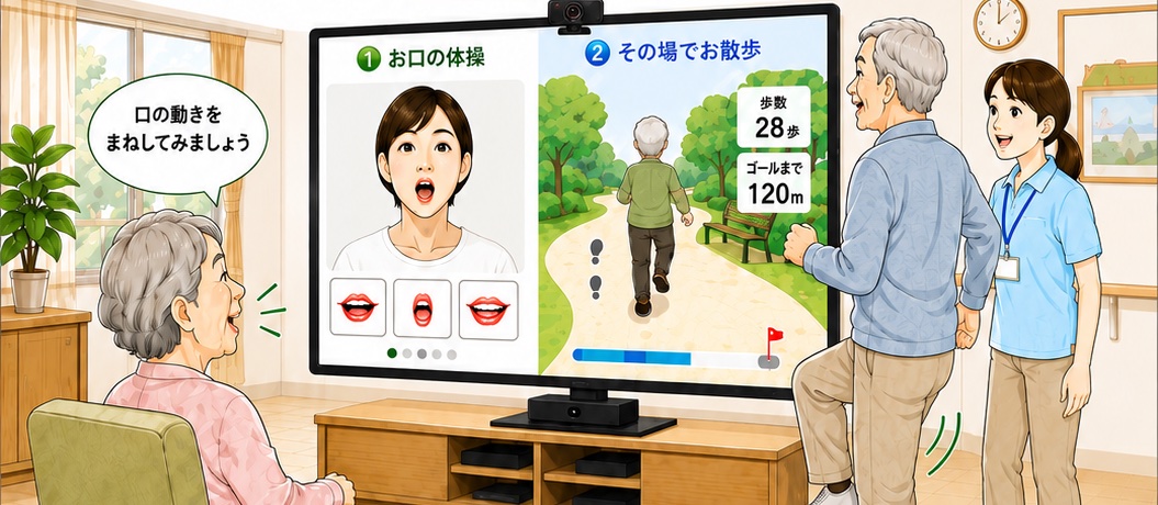 デイサービスの部屋で、大きなテレビの前に座ったおばあさんがお口の体操をし、隣でおじいさんが職員と一緒にその場で足踏みをしている様子